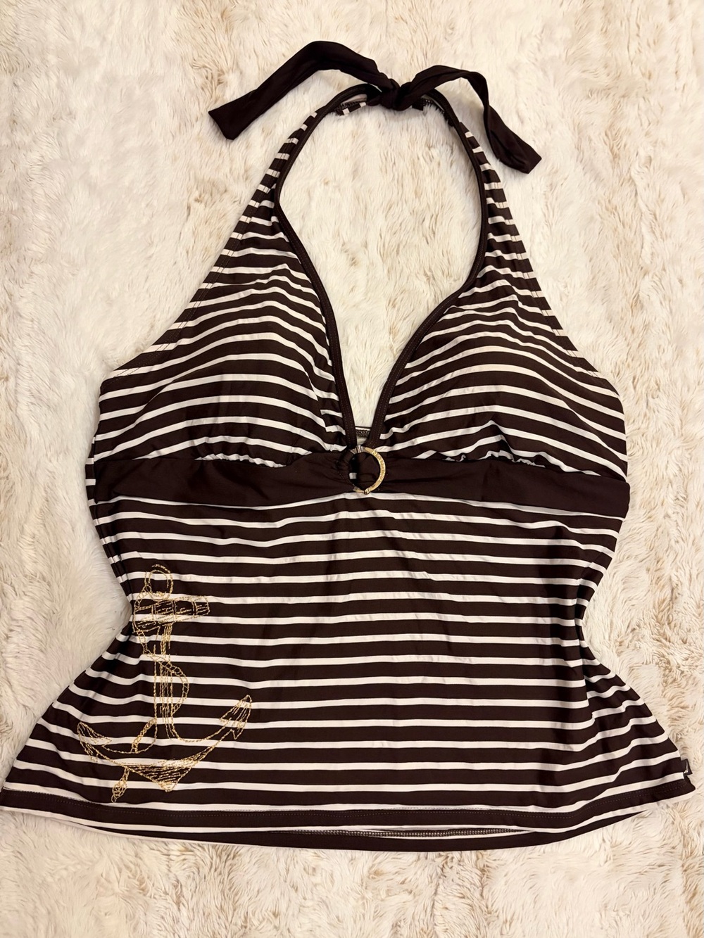 🤎 Nautica Brown White Nautical Stripe Halter Tankini Top Anchor Y2K Coastal Euro